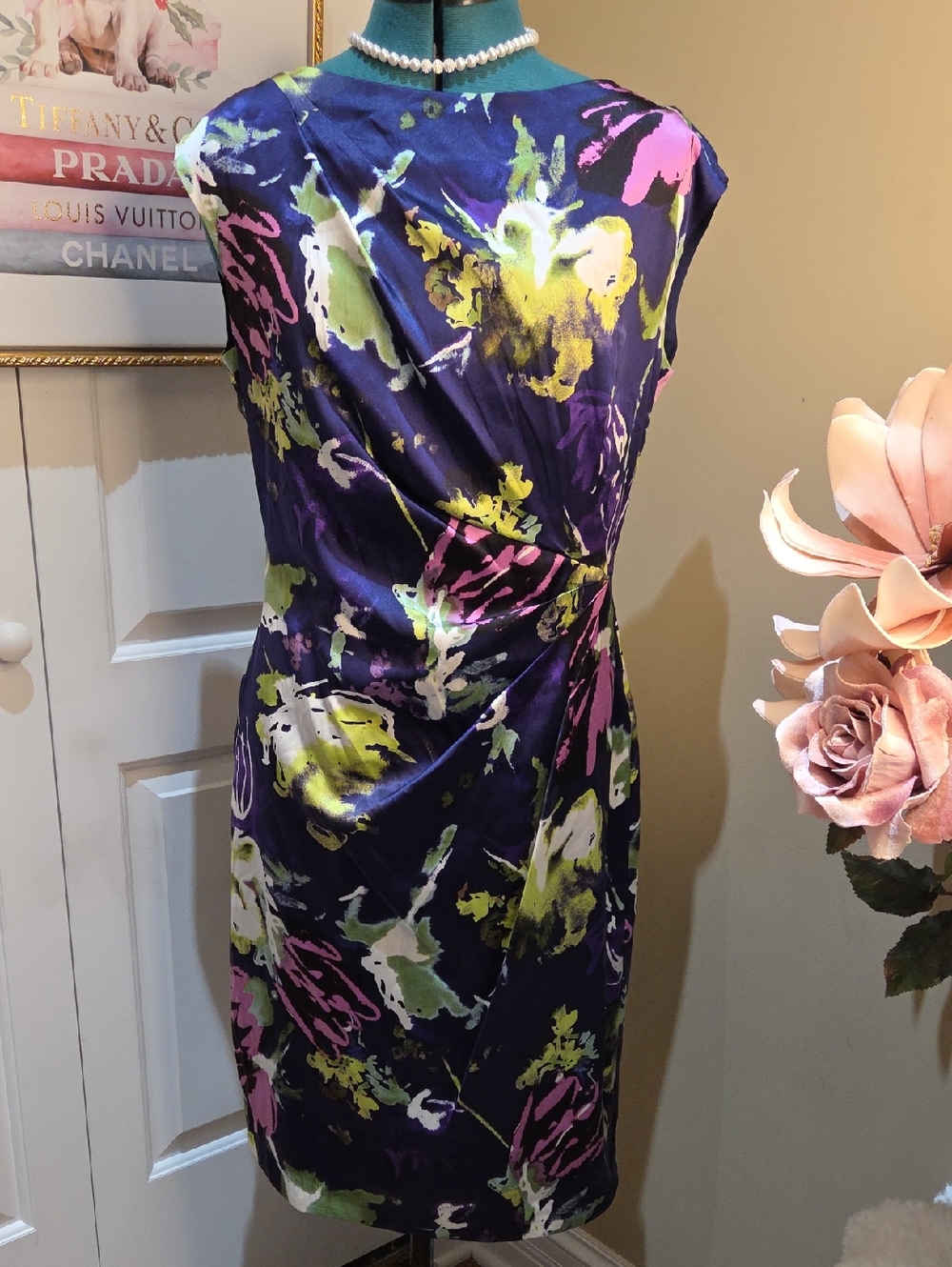 Nwot 14 Purple Floral Midi Dress with Draped Waist